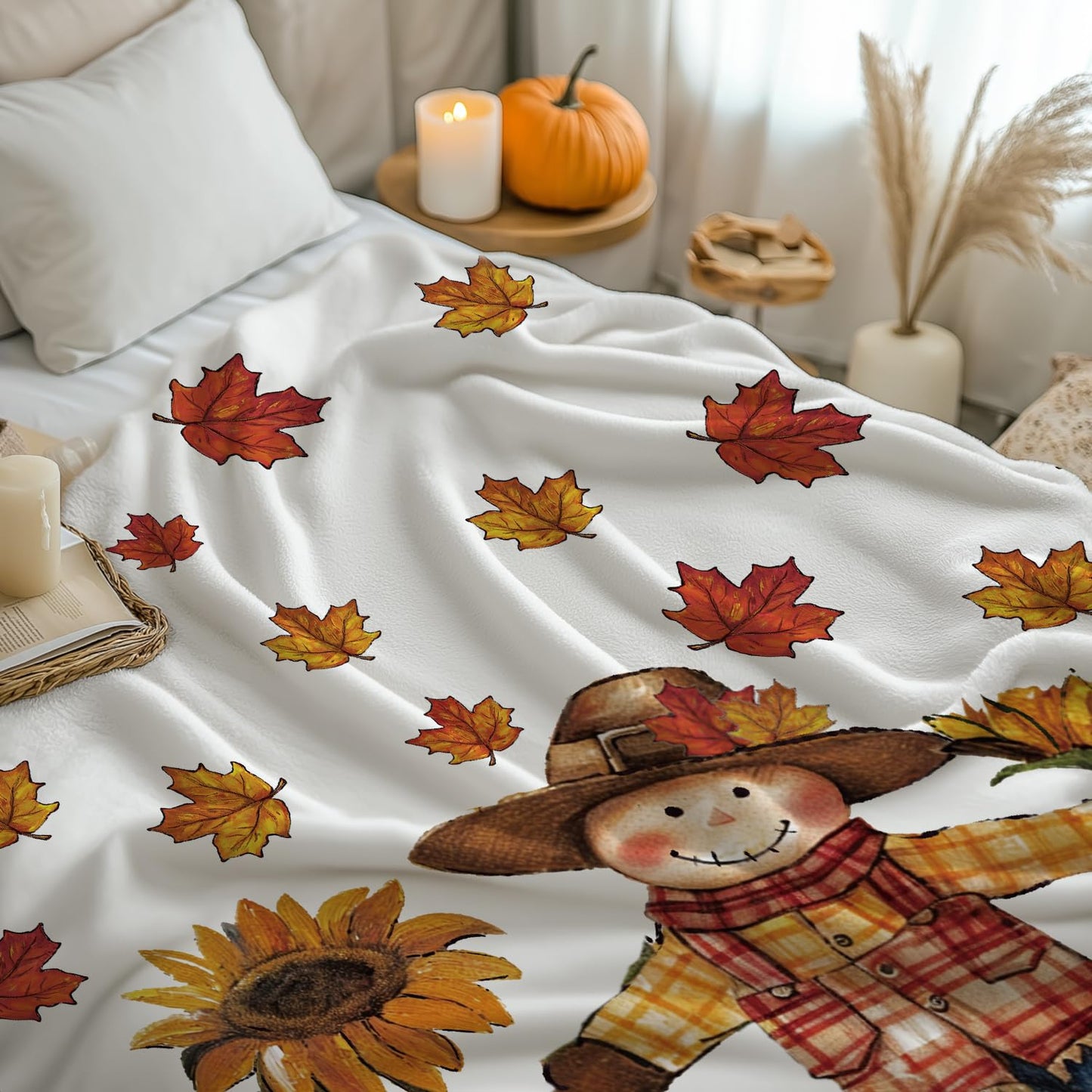 Horaldaily Fall Flannel Blanket Throw, Orange Scarecrow Pumpkin Leaves Soft Fuzzy Plush Cozy Fleece Blankets for Couch Sofa Bed Lounging, Ideal Gifts for Kids Adults Wife Self, 50x60
