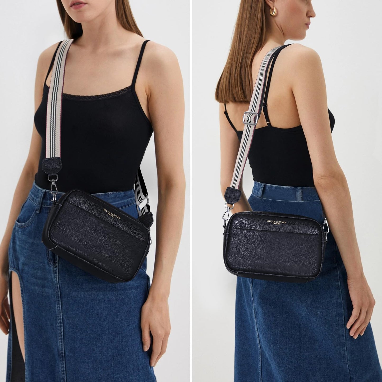 Crossbody Bag for Women Genuine Leather Wide Strap Shoulder Bag Purse Trendy Design Camera Crossbody Purse Top Zip