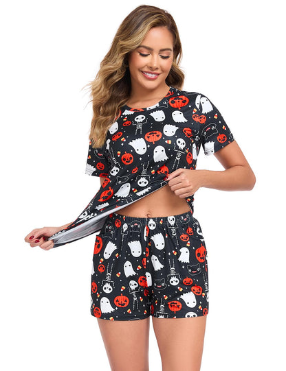 EISHOPEER Women's Halloween Short Tops & Pants Sleepwear Pajamas Sets Halloween Pumpkin XXL