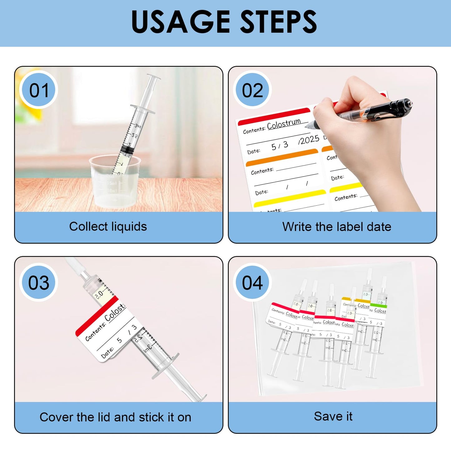42 Pcs Colostrum Collector Kit, 20 Sterile Sealed Breast Milk Collector(3 ML) - Syringe No-needle with Sealed Caps 20 Stickers 1 Colostrum Collection Measuring Cup(20ml) 1 Slide Lock Storage Bag for Breastfeeding