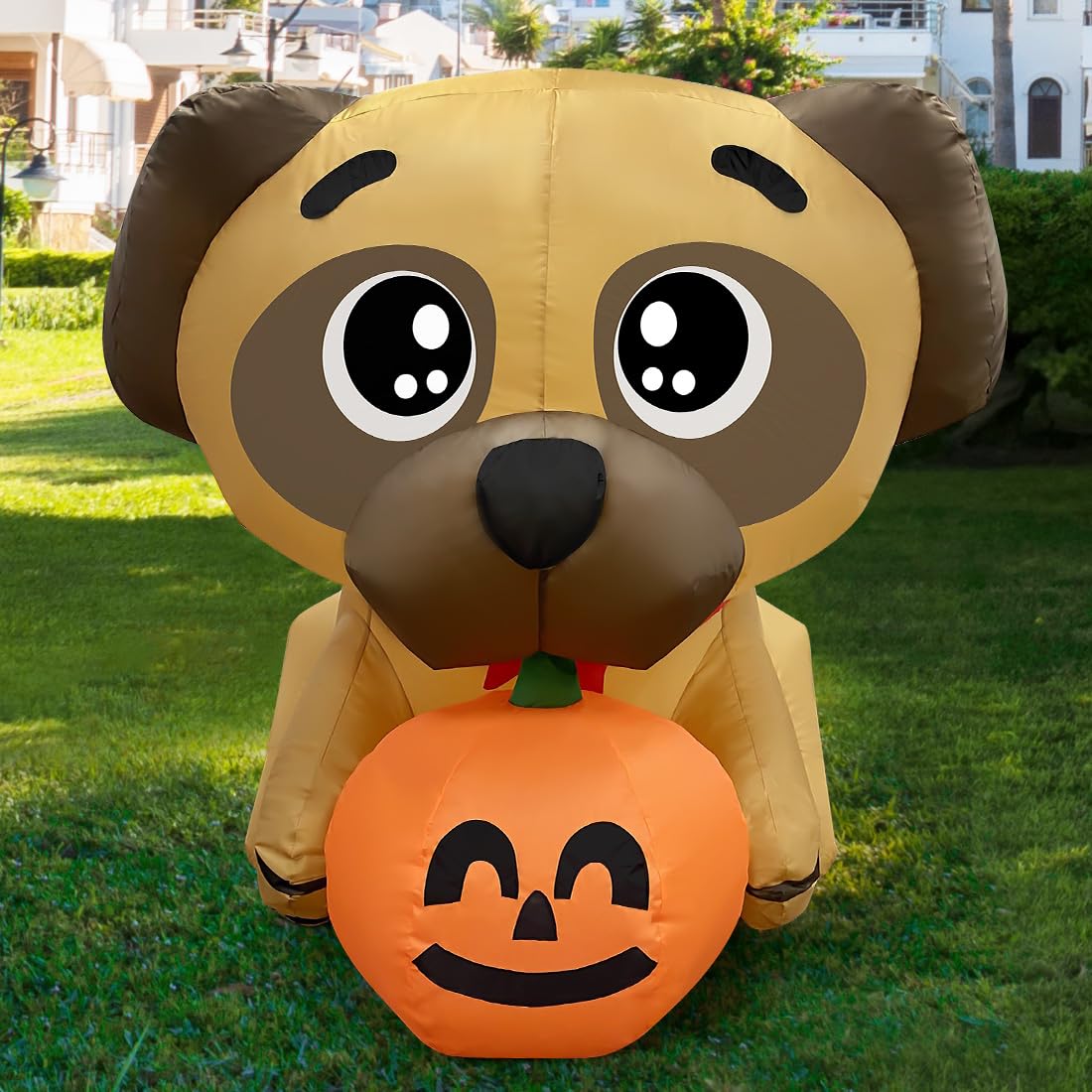 COMIN 5 FT Halloween Inflatables Dog Outdoor Yard Decorations Blow Up Pug Holding Pumpkin with Built-in LEDs for Indoor Party Garden Lawn Decor