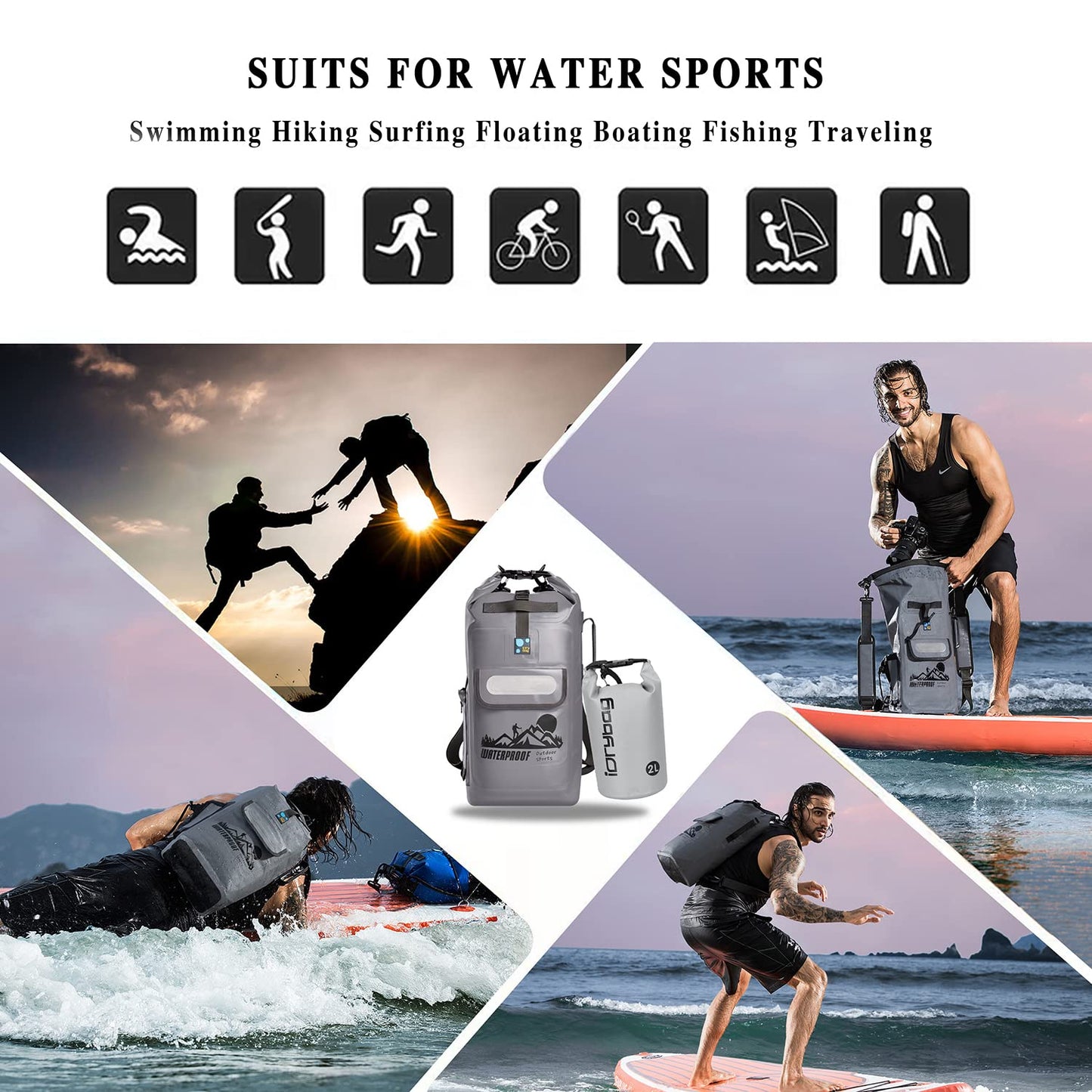 IDRYBAG Dry Bag Backpack Waterproof Floating 20L/30L/40L, Dry Bags Waterproof Backpack for Men, Dry Sack Waterproof Bag Kayak, Gray, 16 long, Hiking Backpack