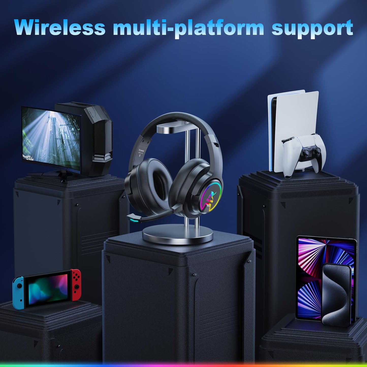 Krysenix PG3 Wireless Gaming Headset for PS4, PS5, PC - 2.4GHz 7.1 Surround Sound, Bluetooth Gaming Headphone with AI Detachable Noise Canceling Mic, 48-Hr Battery for Laptop, Switch, Mac (Black)