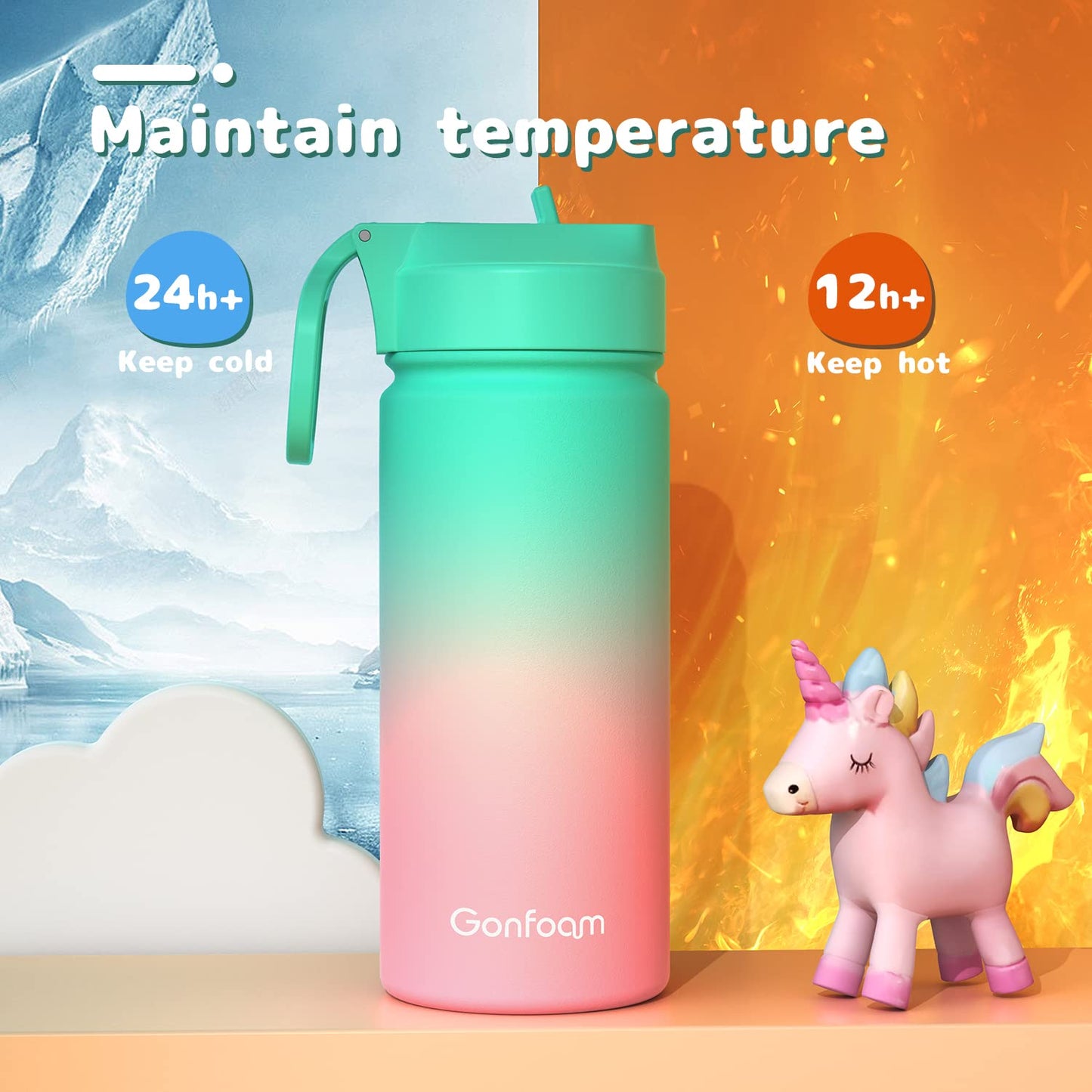 Kids Water Bottle, 2-Pack 16oz Water Bottles with Stickers and Straw, Stainless Steel Vacuum Insulated cup, Kids Water Bottle for School, Gifts for Boys and Girls(Blue/Green)