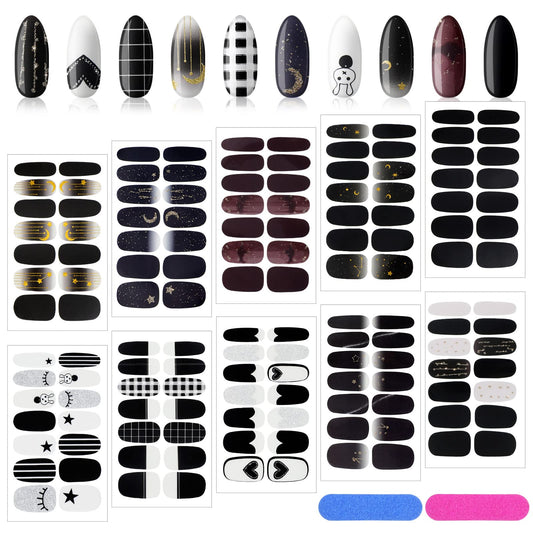 140 Pcs 10 Sheets Black Full Wrap Nail Stickers Polish Strips Gradient Stickers Glitter Self Adhesive DIY Art Decals Strips with 2 Pcs Nail Files for Halloween Decor (Retro Style)