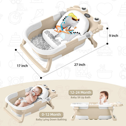 Collapsible Baby Bathtub for Infants to Toddler with Real-time Temp Monitor+Floating Cushion,Foldable Baby Bath Tub Set Applicable 0-36 Month,Portable Travel Baby Tub for Newborns Boy (Beige)