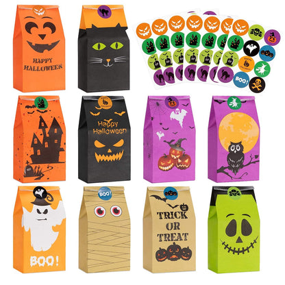 Halloween Treats Bags Party Favors 80 Pcs Kids Halloween Candy Bags for Trick or Treating + 84 Pcs Halloween Stickers, Mini Paper Gift Bags for Treats Snacks, Halloween Goodie Bags Party Supplies
