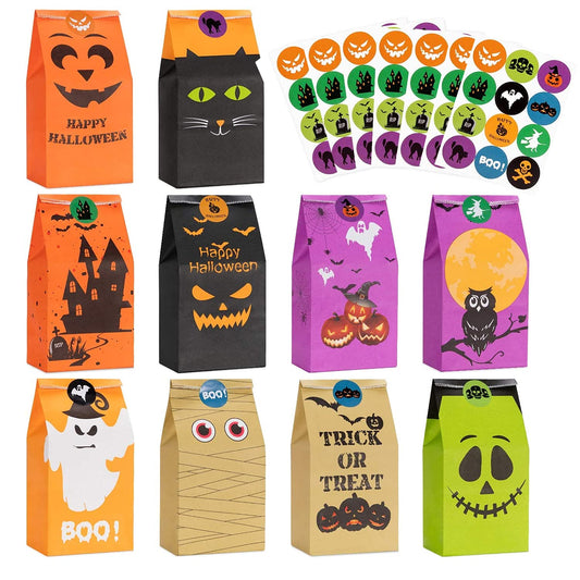 Halloween Treats Bags Party Favors 80 Pcs Kids Halloween Candy Bags for Trick or Treating + 84 Pcs Halloween Stickers, Mini Paper Gift Bags for Treats Snacks, Halloween Goodie Bags Party Supplies
