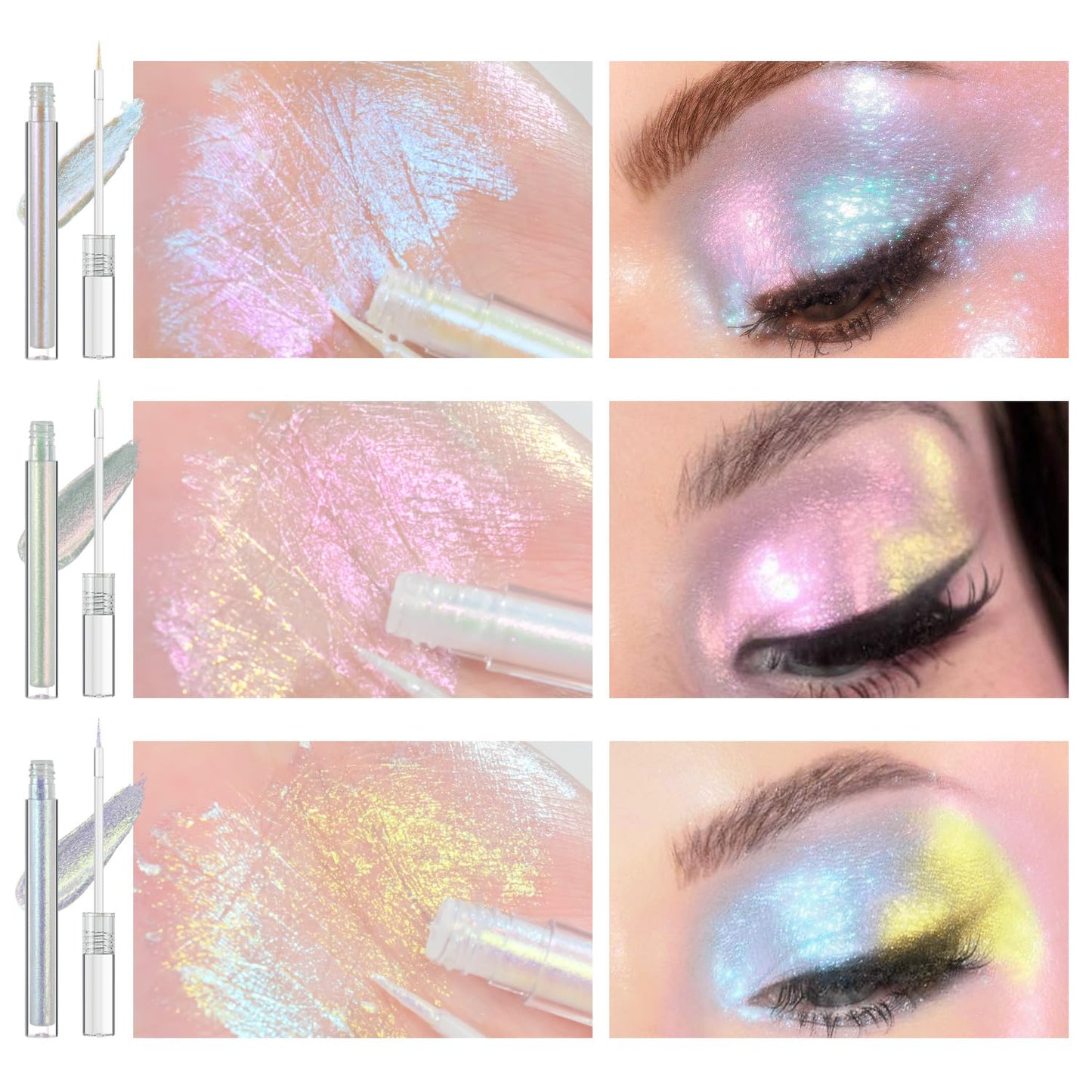 JUR MORNIER Multichrome Liquid Eyeshadow Set,3 Colors Multi-Dimensional Fairy Makeup,High Pigment Waterproof Aurora Eye Shadow,Ultre Fine Tip Glitter Eyeliner (01 Aurora+02 Twilight+03 Moonbow)