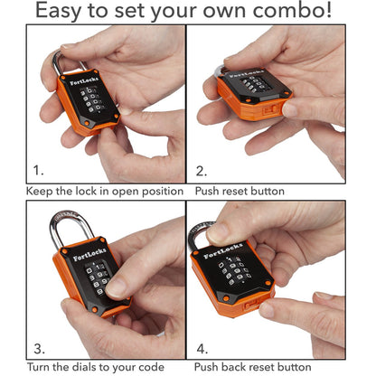 FortLocks Gym Locker Lock - 4 Digit, Heavy Duty, Hardened Stainless Steel, Weatherproof and Outdoor Combination Padlock - Easy to Read Numbers - Resettable and Cut Proof Combo Code - 1 Pack Orange