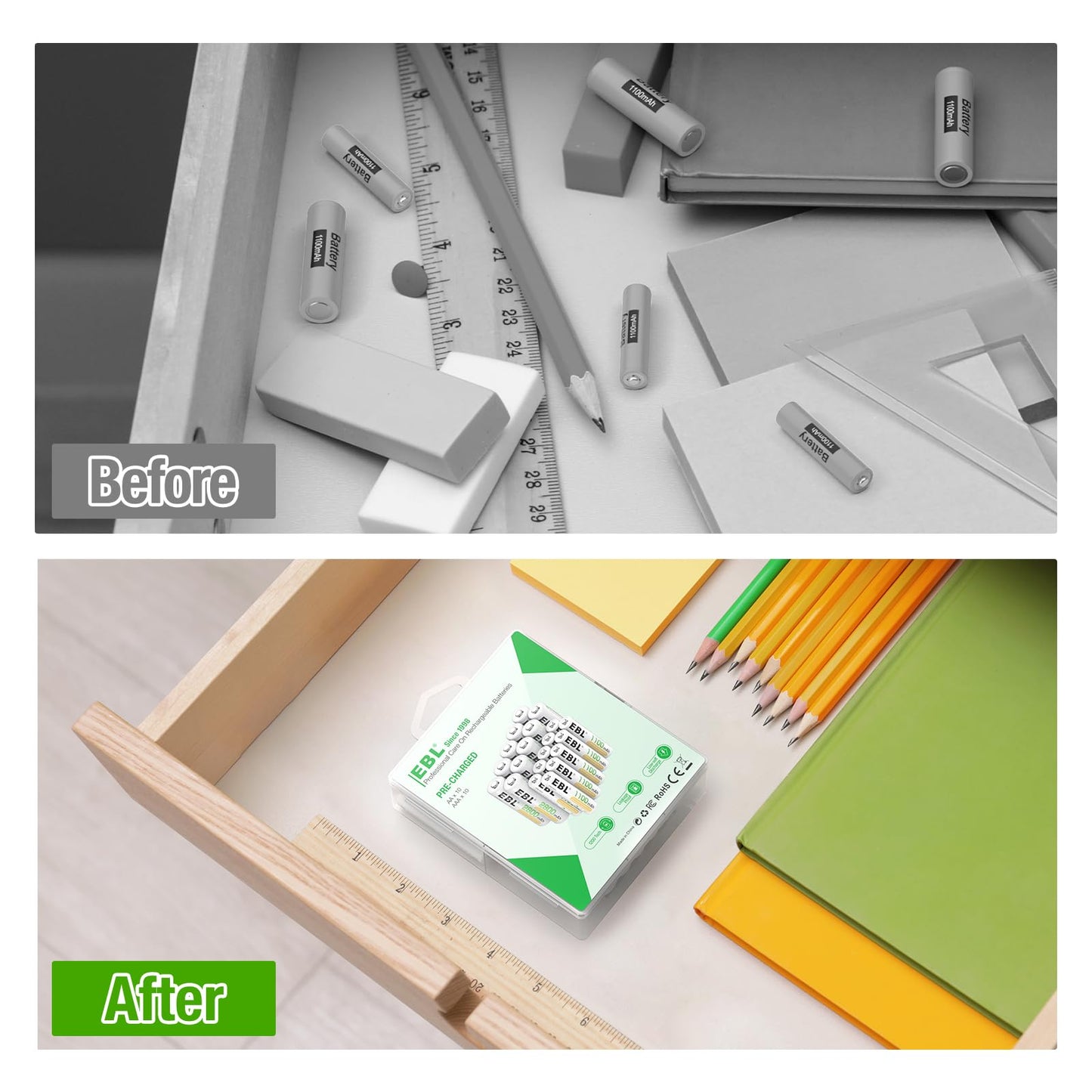 EBL Rechargeable Batteries Combo, AA 2800mAh (10 Pack) and AAA 1100mAh (10 Pack) High Capacity Precharged Ni-MH Rechargeable Batteries with Battery Organizer Storage Box