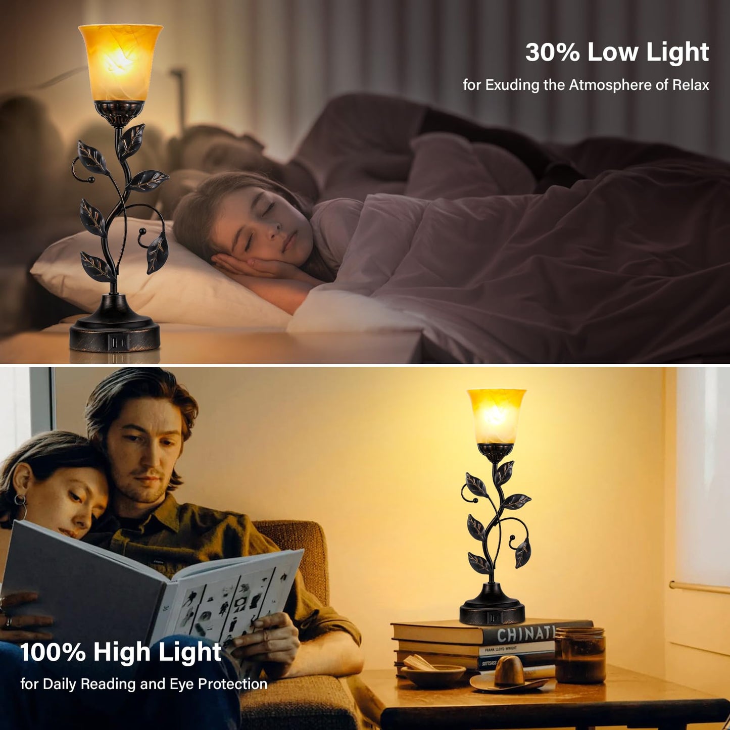 Kakanuo Touch Table Lamp Bedside Lamp Nightst Lamp USB Charging Ports for Living Room 3 Way Dimmable Traditional Leaf Lamp Retro Table Lamp for Bedroom Amber Glass Lampshade LED Bulb Included)