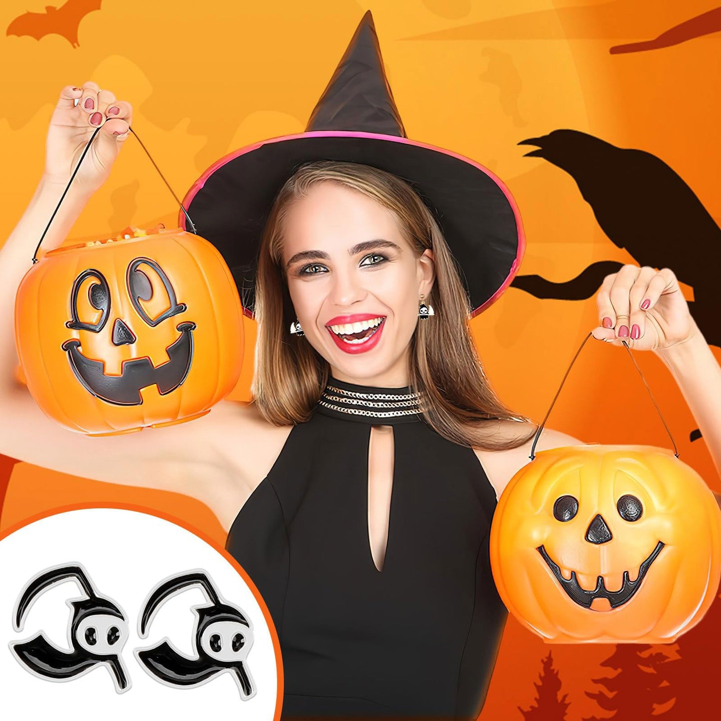 A Halloween Earrings Set of 20 Pairs Clip on Earrings for Without Pierced Ears,Vibrant Themes Like Pumpkin,Magic Broom, Fifty Hats, Crow, Bat, Black Cat