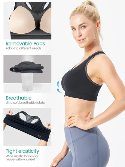 FITTIN Racerback Sports Bras for Women - Padded Seamless High Impact Support for Yoga Gym Workout Fitness XL