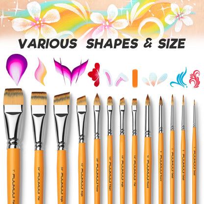 Face Painting Brushes, Fuumuui 13pcs Professional Synthetic Brushes for Face & Body Painting with Halloween, Cosplay, Costume & Theater - Acrylic Watercolor Oil Gouache