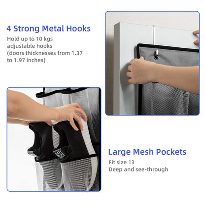 KEEPJOY Over the Door Shoe Organizer, Hanging Shoe Organizer with 4 Hooks,Door Shoe Holder with 14 Mesh Deep Pockets Closet Door Shoe Storage Bag (Grey-2Pack)