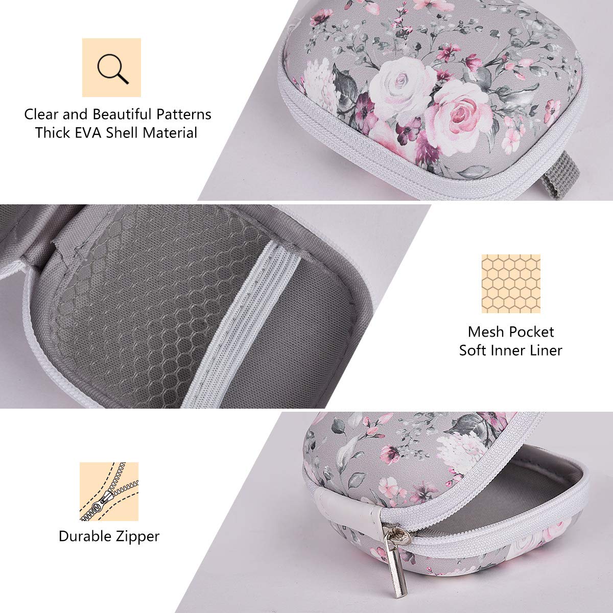 Earbud Case, AIRSPO Airpods 4 Case Airpods Pro 2nd Generation Earphone Organizer Carrying Case Small Storage Bag Hard EVA Shockproof Cover with Carabiner Clip (Grey Pink Rose)