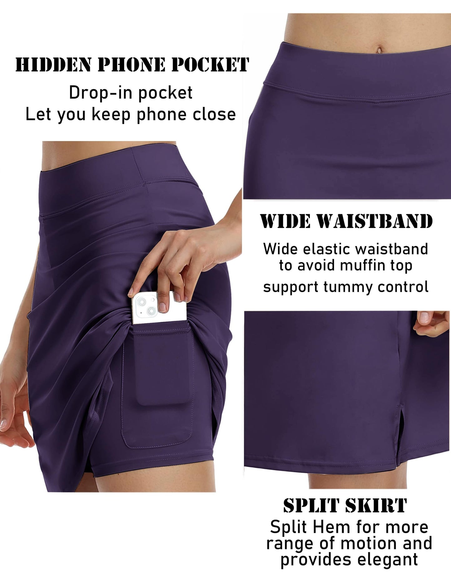 COOrun Golf Skirts for Women Modest Tennis Skirts Skorts with Inner Shorts 20" Knee Length Sports Skirts Pocketed Workout Skorts,Purple XXL