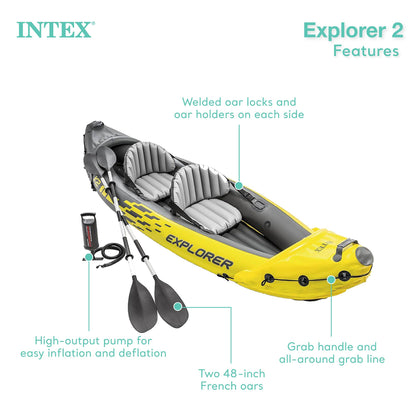 Intex 2-Person Inflatable Kayak Set w/ Pump, Aluminum Oars, Adjustable Seats, Explorer K2 - Tandem Blow-up Raft for Adults, Great for Lakes or Rivers