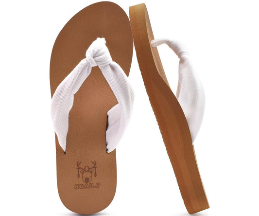 KuaiLu Flip Flops Women Arch Support Yoga Mat Comfortable Summer Beach Walking Thong Cushion Sandals Slip on Outfits Travel Essentials Orthotic Slides Indoor Outdoor Slippers Shoes White Khaki Size 8