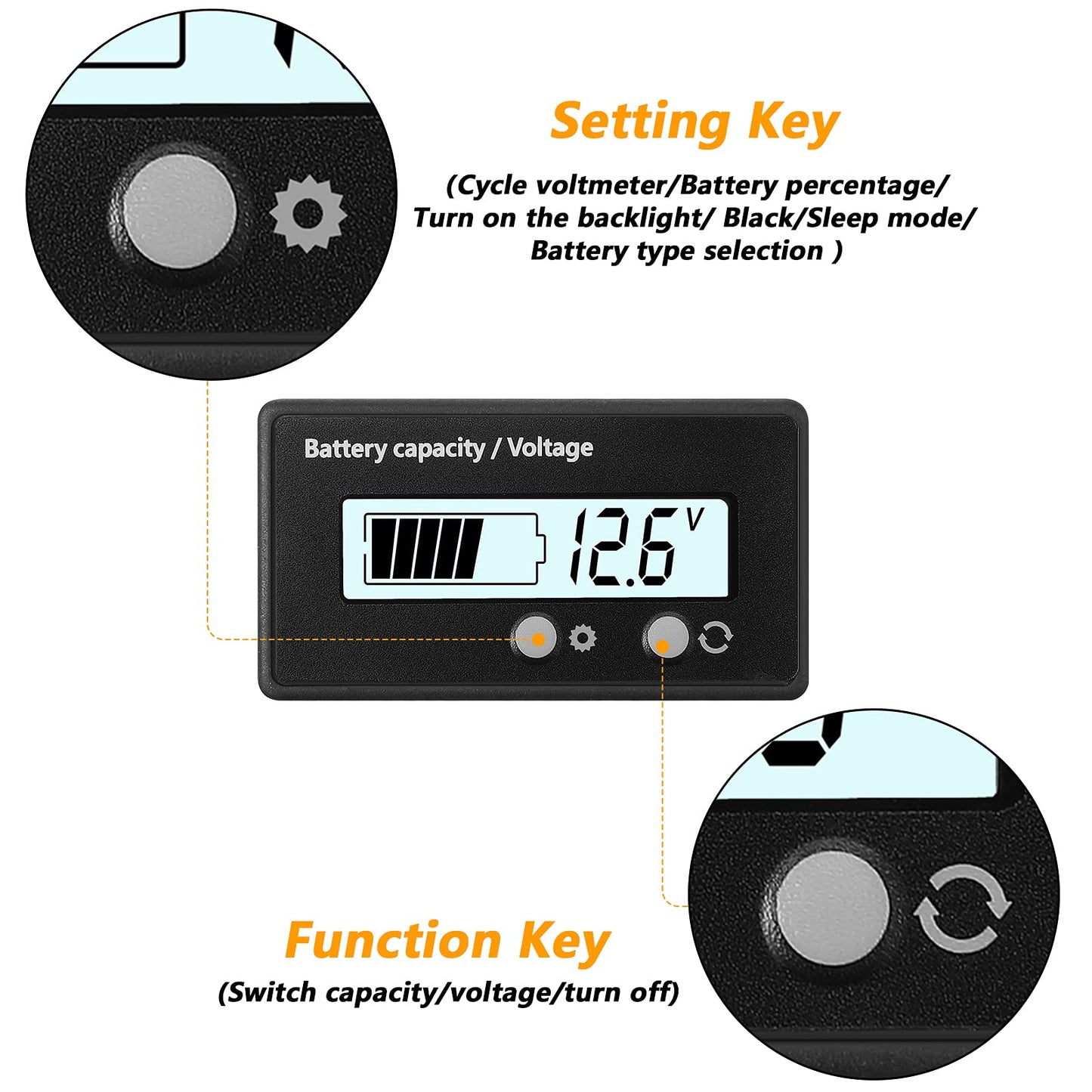 DC 12V 24V 36V 48V 60V 72V 84V Golf Cart Battery Meter with Alarm, Front Setting and Switch Key Battery Capacity Voltage Indicator Gauge Acid and Lithium ion Indicator(White)