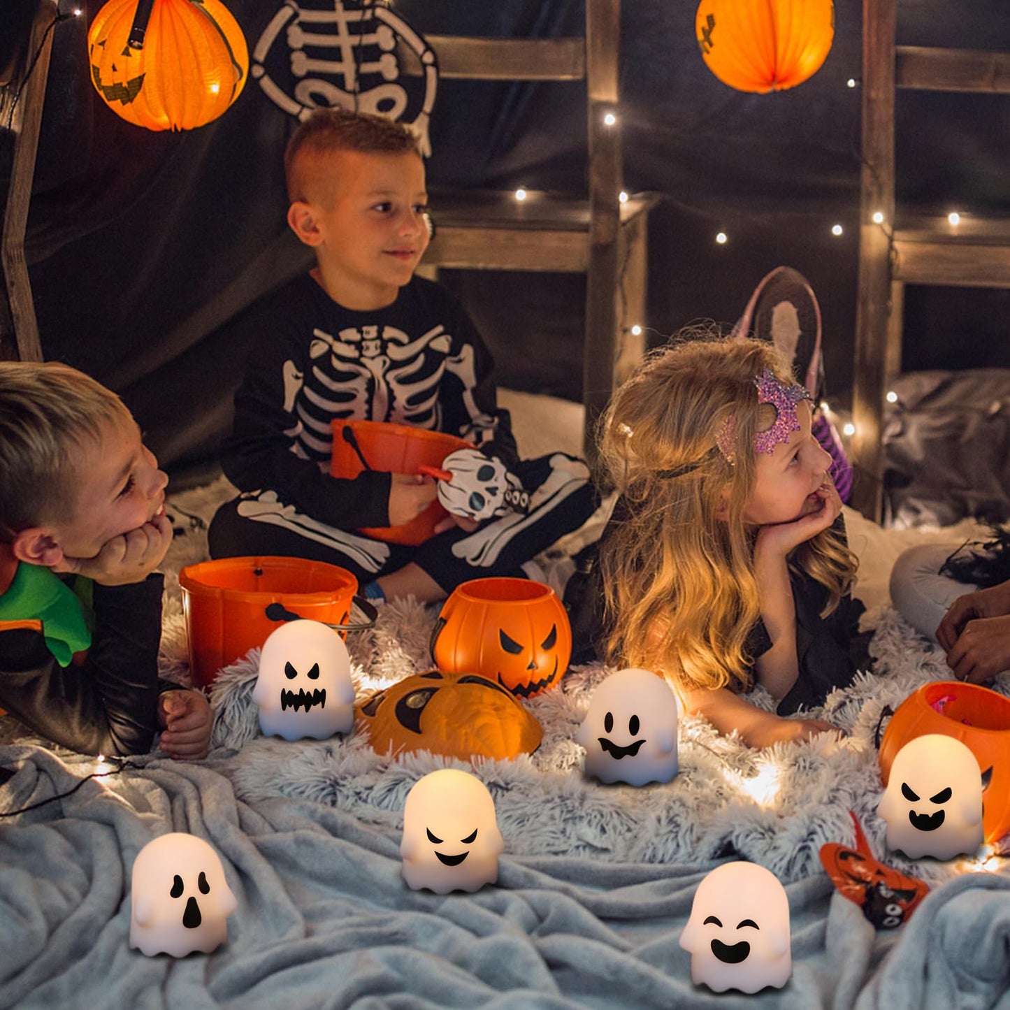 DRomance Halloween Ghost Lights Flameless Candles Battery Operated with Remote and Timer 6 Pack Spooky White LED Votive Candles Dimmable Light Halloween Indoor Decoration(2 x 2.4 Inches)