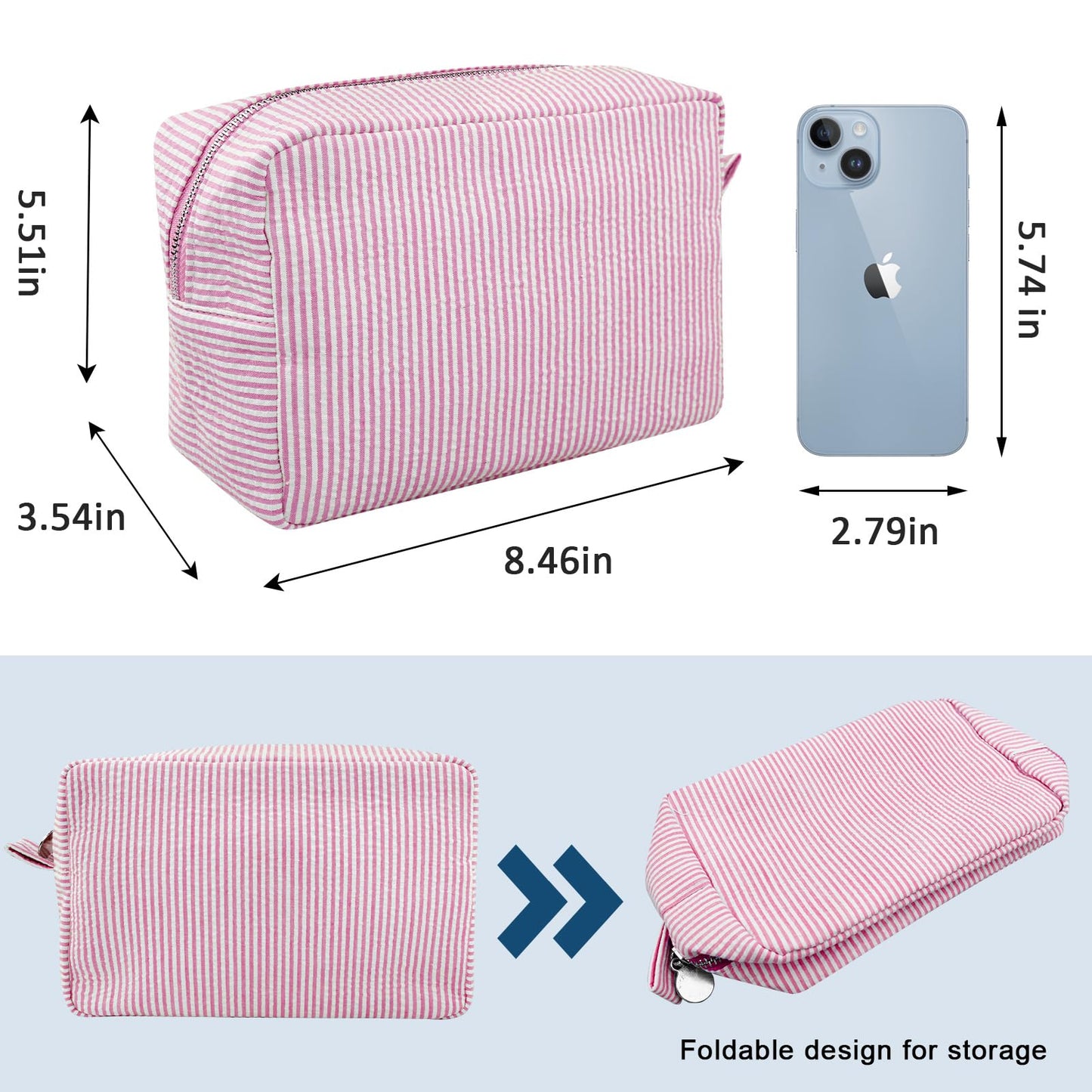 GFU Cosmetic Bag for Women, Large Makeup Bag, Travel Toiletry Stripe Cosmetic Bag, Seersucker Women Aesthetic Organizer Storage Pouch, Girls Handbags Purses (Pink)