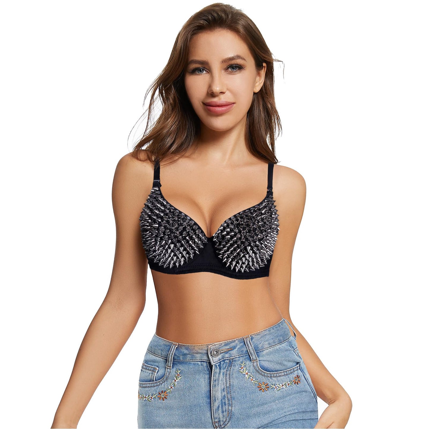 Kimring Women's Steampunk B Cup Spike Studs Rivet Party Club Rave Underwire Sport Bras Tops Grey Medium