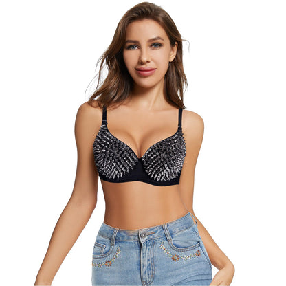 Kimring Women's Steampunk B Cup Spike Studs Rivet Party Club Rave Underwire Sport Bras Tops Grey Medium