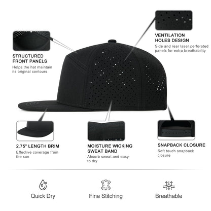 FEINION Men Flat Brim Adjustable Performance Hat Snapback Laser Perforated Baseball Cap (Black)