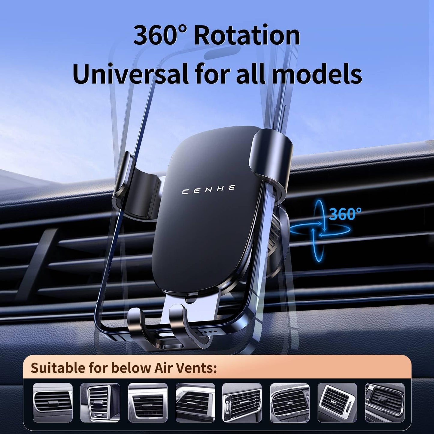 Generic Metal Hook Car Phone Holder Mount, Super Stable Air Vent Cell Phone 360 Rotation Car Mount, Fit for All Smartphones (Black)