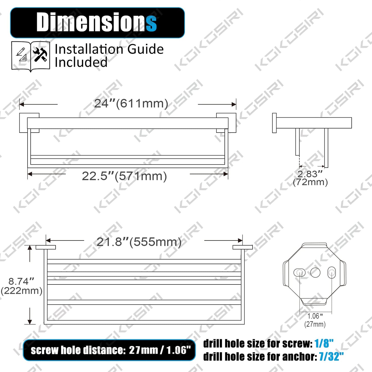 KOKOSIRI Towel Rack 24'' Bathroom Towel Shelves with Double Towel Bars SUS304 Stainless Steel Wall Mounted, Brushed Nickel, B6003BR