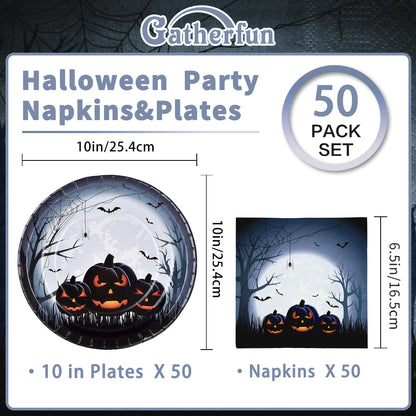 Gatherfun Halloween Party Supplies Anger Black Pumpkin Disposable 10 inch Big Paper Plates and Paper Napkins for Spooky Halloween Party Decorations Serve 50