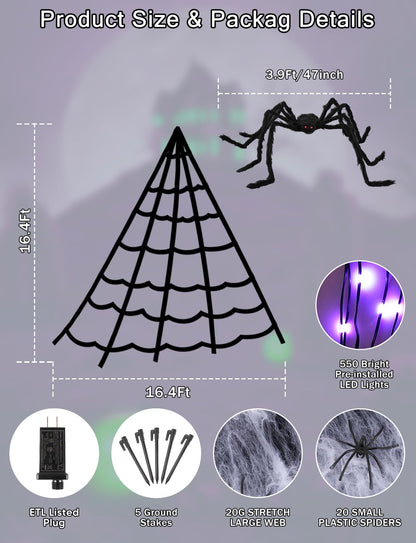 Halloween Decorations Outdoor Spider Web Lights - 550 LED 16.4Ft Spiderweb with 4Ft Large Light Up Spider, Waterproof, 8 Modes Memory Function for Outdoor Yard Halloween Decor (with Spider)