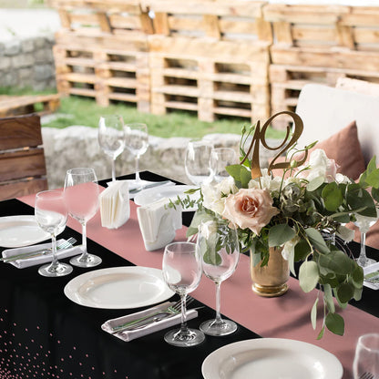 24Pack Disposable Plastic Tablecloth and Satin Table Runner Black and Rose Gold Dot Tablecloth Rose Gold Satin Table Runner for Wedding Birthday Baby Shower Anniversary Christmas New Year Party Supply