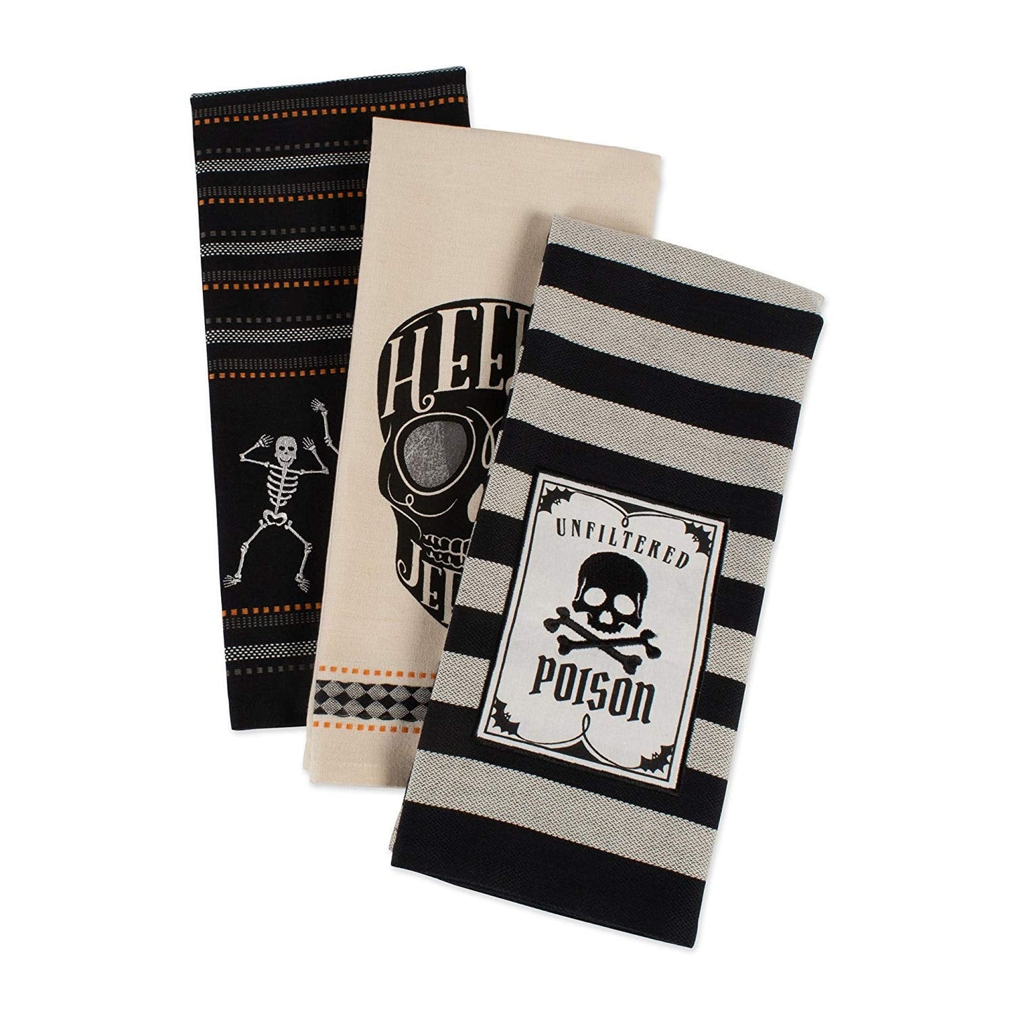 DII Happy Halloween Dishtowel Collection Embellished Cotton Kitchen Hand Towel Set, 18x28, Skeleton, 3 Count