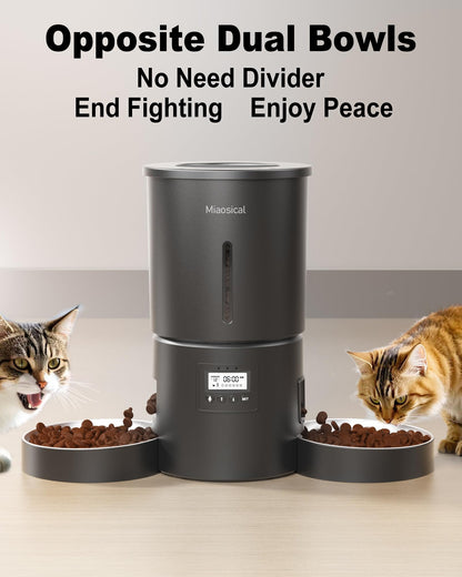 Dual Automatic Cat Feeder 2 Cats,6 Meals/Day,12 Portions/Meal,4.2L Dual Power Double Bowls Feeder,Dry Food Auto Pet Dispenser,10S Voice Record,Flexible Schedule Timer (Black,Stainless Dual Bowls)