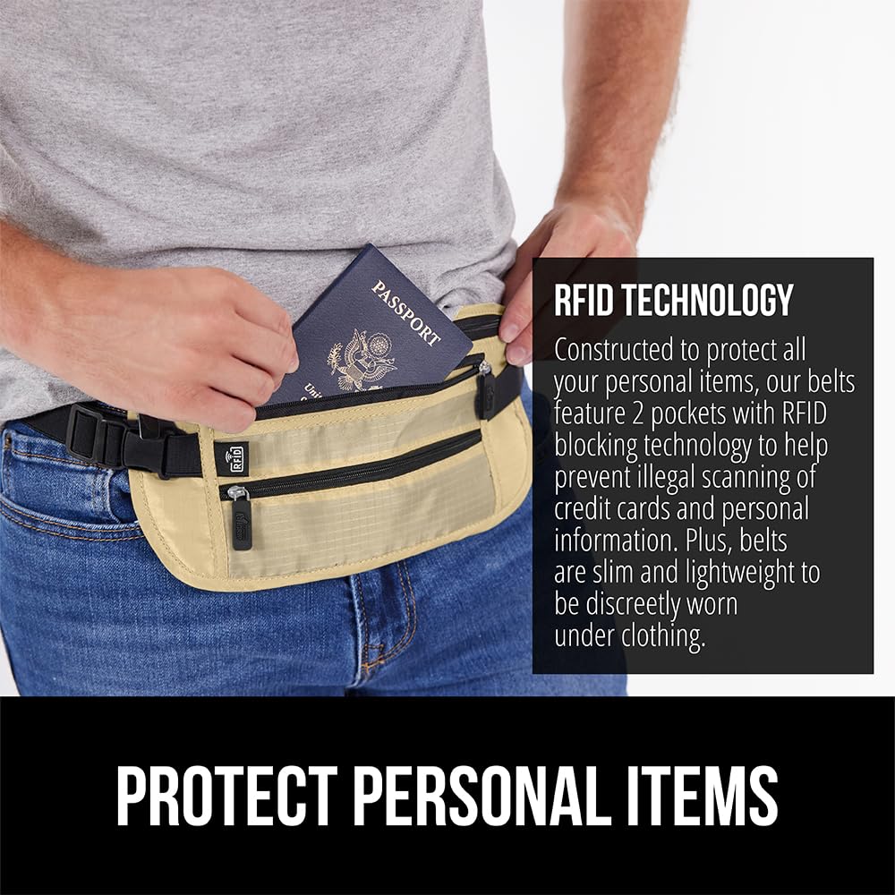 GORILLA GRIP 4 Pocket Secure RFID Blocking Money Belt, Anti Theft Hidden Fanny Pack for Passport and Credit Cards, Water Repellent Travel Pouch for Men Women with Adjustable Waist and Zippers, Sand