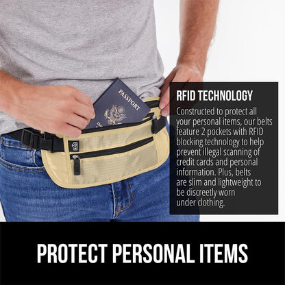 GORILLA GRIP 4 Pocket Secure RFID Blocking Money Belt, Anti Theft Hidden Fanny Pack for Passport and Credit Cards, Water Repellent Travel Pouch for Men Women with Adjustable Waist and Zippers, Sand