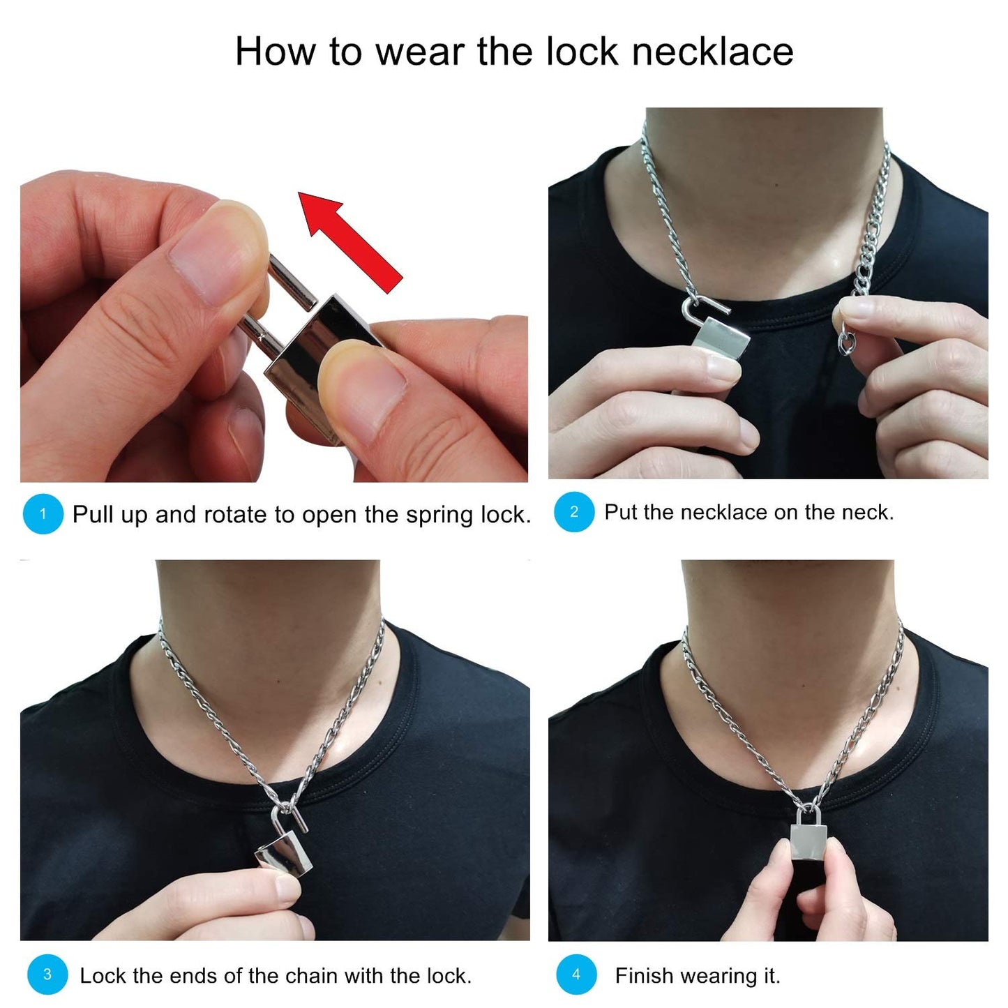 DIBOLA Padlock Necklace Stainless Steel Lock Chain for Men Women Silver 18 inch