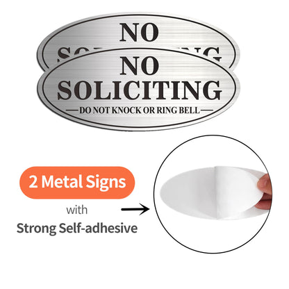 No Soliciting Sign, 2 Pack Self-Adhesive Aluminum Metal No Solitation Do Not Knock or Ring Bell Sign, 7.0 x 3.0 inches Fade Resistang Signs for Office and Home (Brushed Nickel/Black)