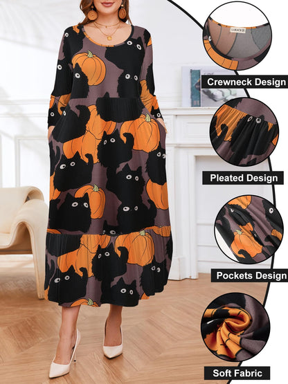 LARACE Halloween 3/4 Sleeve Dresses for Women Plus Size Casual Long Maxi Fall Winter Dress with Pockets(Halloween Pumpkin Cat 2X)