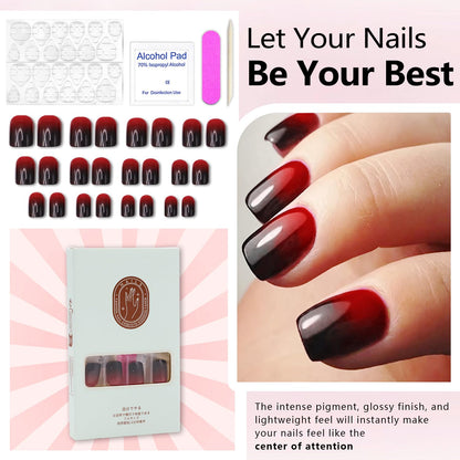 Halloween Red & Black Gradient Press on Nails Short Square Shaped False Nails Designs Glossy Reusable Fake Nails Full Cover Acrylic Nails Halloween Stick on Nails for Women DIY Manicure 24 Pcs