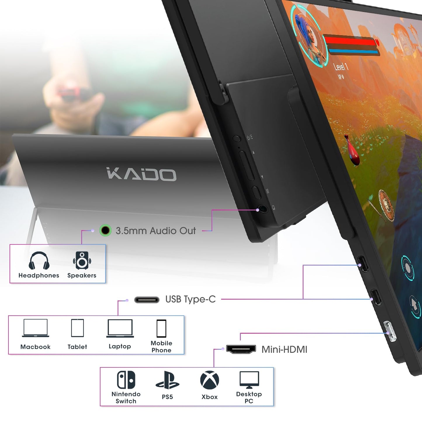 Kado Portable Monitor 15.6-Inch FHD 1080p, USB-C mini-HDMI Gaming Monitor IPS Display Built-in Speakers, External Display 180° Kickstand Wall/Arm Mount for Laptop PC Phone Mac Xbox PS4/PS5 Switch