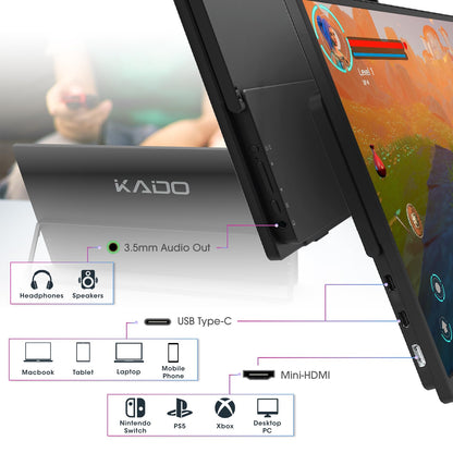 Kado Portable Monitor 15.6-Inch FHD 1080p, USB-C mini-HDMI Gaming Monitor IPS Display Built-in Speakers, External Display 180° Kickstand Wall/Arm Mount for Laptop PC Phone Mac Xbox PS4/PS5 Switch