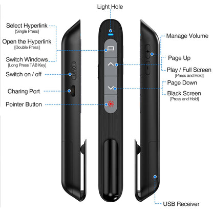 DinoFire USB C Rechargeable Presentation Remote with Red Light,Wireless Preseter PPT Slide Clicker Advancer for MacBook Laptop Computer