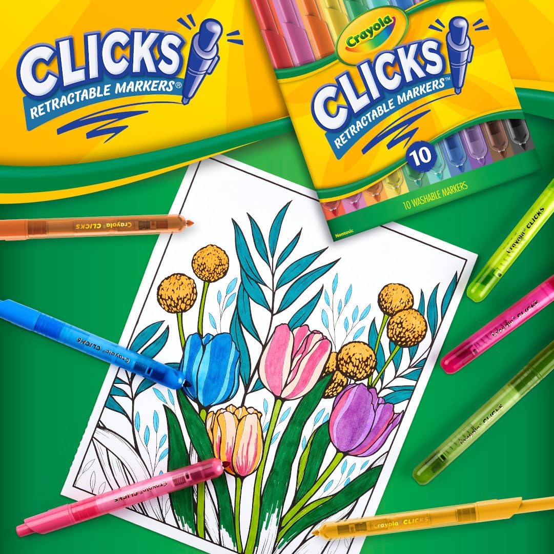 CRAYOLA Clicks, Retractable Art Markers, 10 Vibrant, Washable Coloured Markers, Keep Markers Safe in Retractable Barrel So Ink Won't Dry Out, Perfect for Colouring, Projects and More, 58 8370