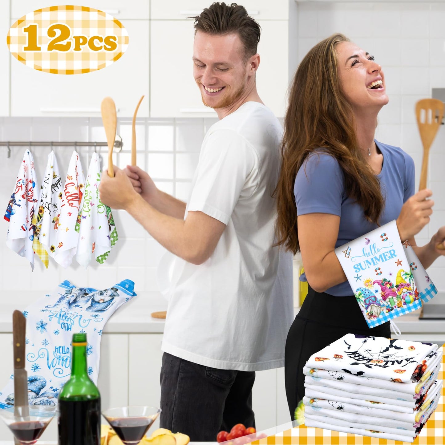 FuWeave 12 Pcs Seasonal Kitchen Towels Set for All Holidays Hand Dish Tea Towels Fall Halloween Christmas Absorbent Dishcloths Housewarming Gift for Cooking Kitchen Bathroom(Gnome Style,Bright Color)