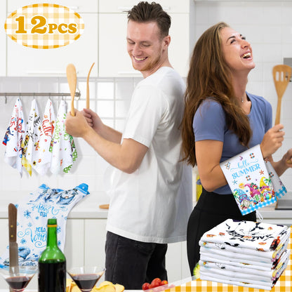 FuWeave 12 Pcs Seasonal Kitchen Towels Set for All Holidays Hand Dish Tea Towels Fall Halloween Christmas Absorbent Dishcloths Housewarming Gift for Cooking Kitchen Bathroom(Gnome Style,Bright Color)