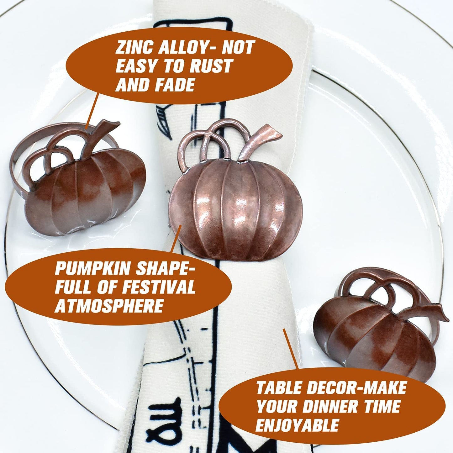 Halatool Set of 12 Thanksgiving Napkin Rings- Fall Harvest Pumpkin Napkin Holder, Alloy Dinner Tables Napkin Ring Decoration for Thanksgiving Halloween Weddings Holidays Gathering Party (Bronze)
